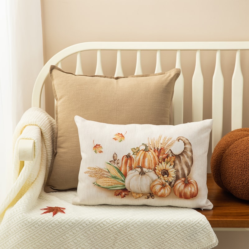 Glitzhome 18"L Faux Burlap Fall Thanksgiving Pumpkin Pillow Halloween Decor