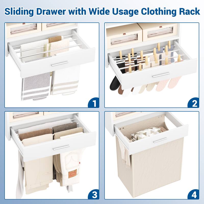 60'' Wall-mounted Closet System with Hanging Rods, Clothing Organizer with Tower Shelves for Laundry Room