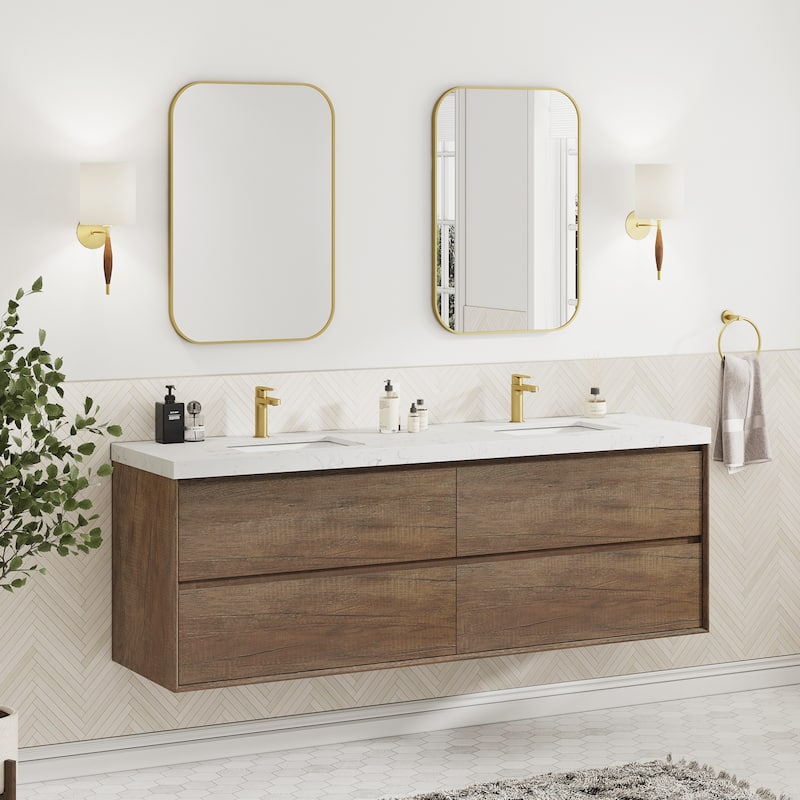 Sylphar 72 inch Bathroom Vanity with Sink, Floating Oak Cabinet with Stone Top