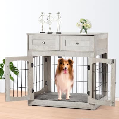 Dog Crate Furniture with Drawers, Wooden Kennel Table with 3 Doors