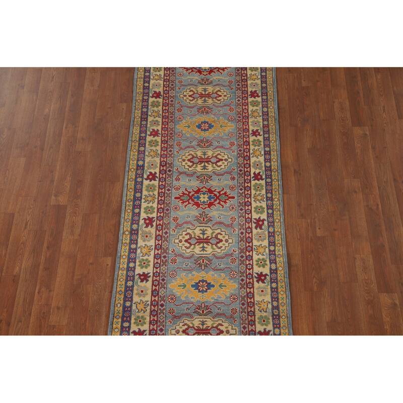 Kazak Runner Rug Light Blue Handmade Wool Carpet - 2'7" x 9'3"