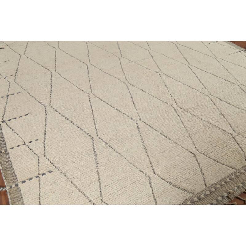 All-Over Trellis Ivory Moroccan Rug Hand-Knotted Wool Carpet - 8'8"x 12'11"