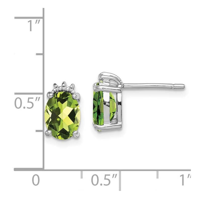 Curata 925 Sterling Silver Polished Rhodium Oval Peridot and Diamond Post Earrings - 10x6mm Wide