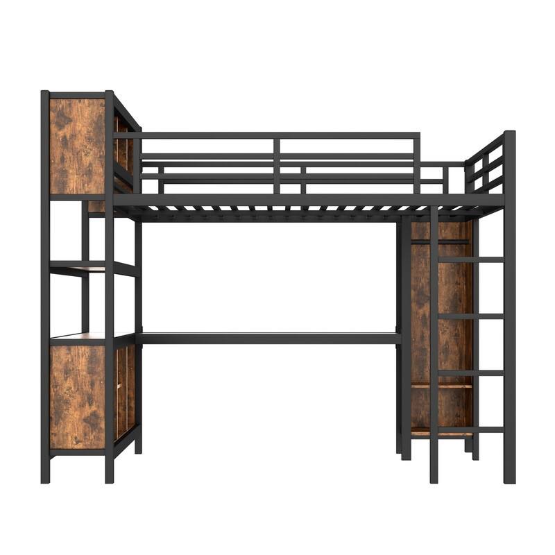 Queen Size Heavy Duty Metal Loft Bed with Wardrobe & L-shaped Desk, Multi-functional Storage Bed Frame with Cubes & Shelves