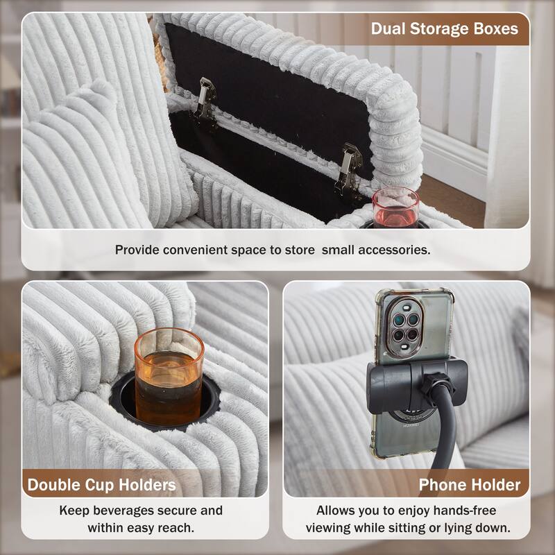 Corduroy Chaise Lounge Sofa Loveseat Sleeper Sofa with Adjustable Backrest, Cup Holders, Phone Holder and Dual Storage Armrest