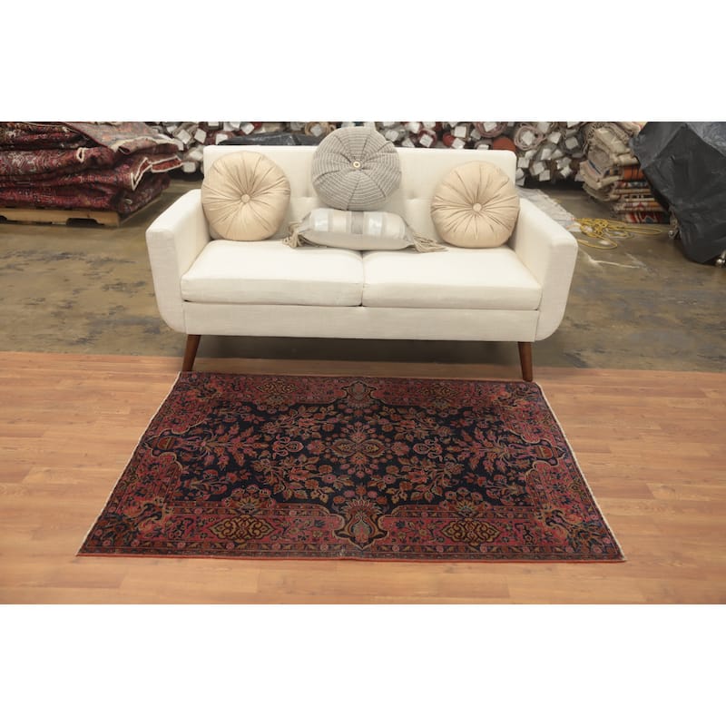 Hand Knotted Oriental 100% Wool Carpet Traditional Floral Navy Blue & Blues Kashan Area Rug - 4' 11'' X 3' 6''