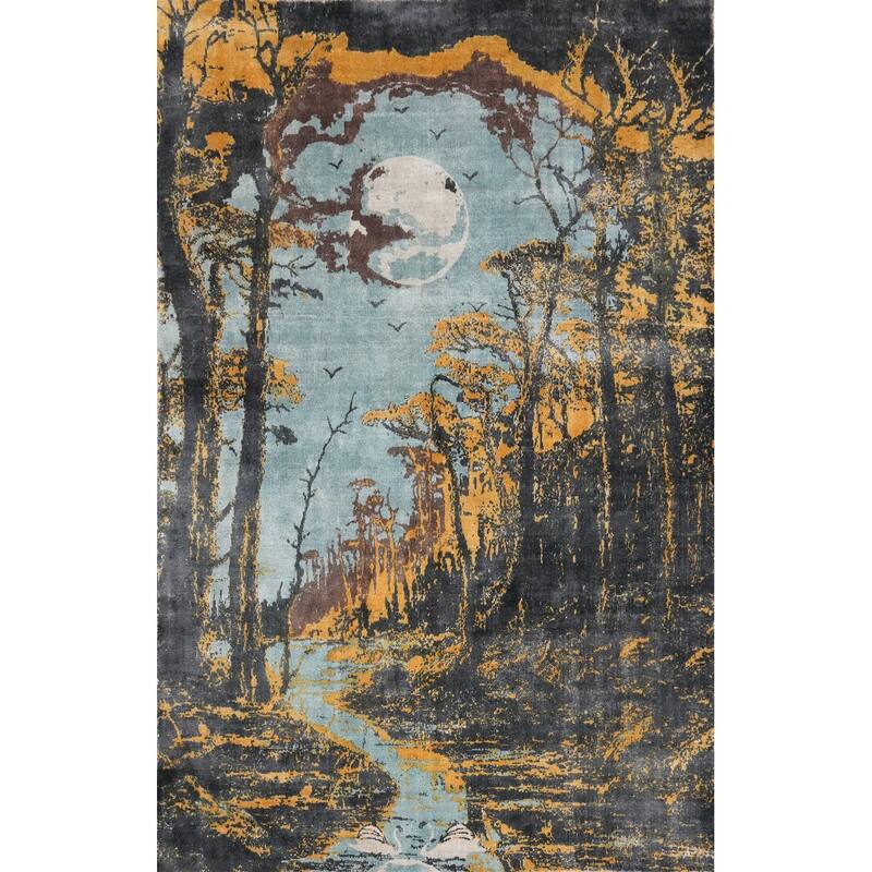 Hand Knotted Oriental Viscose Silk Carpet Modern Pictorial Multi-Colored Abstract Area Rug - 7' 8'' X 5' 7''
