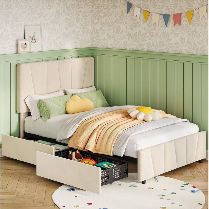 Twin Bed Frame with Headboard Adjustable and 2 Storage Drawers, No Box Spring Needed - Beige