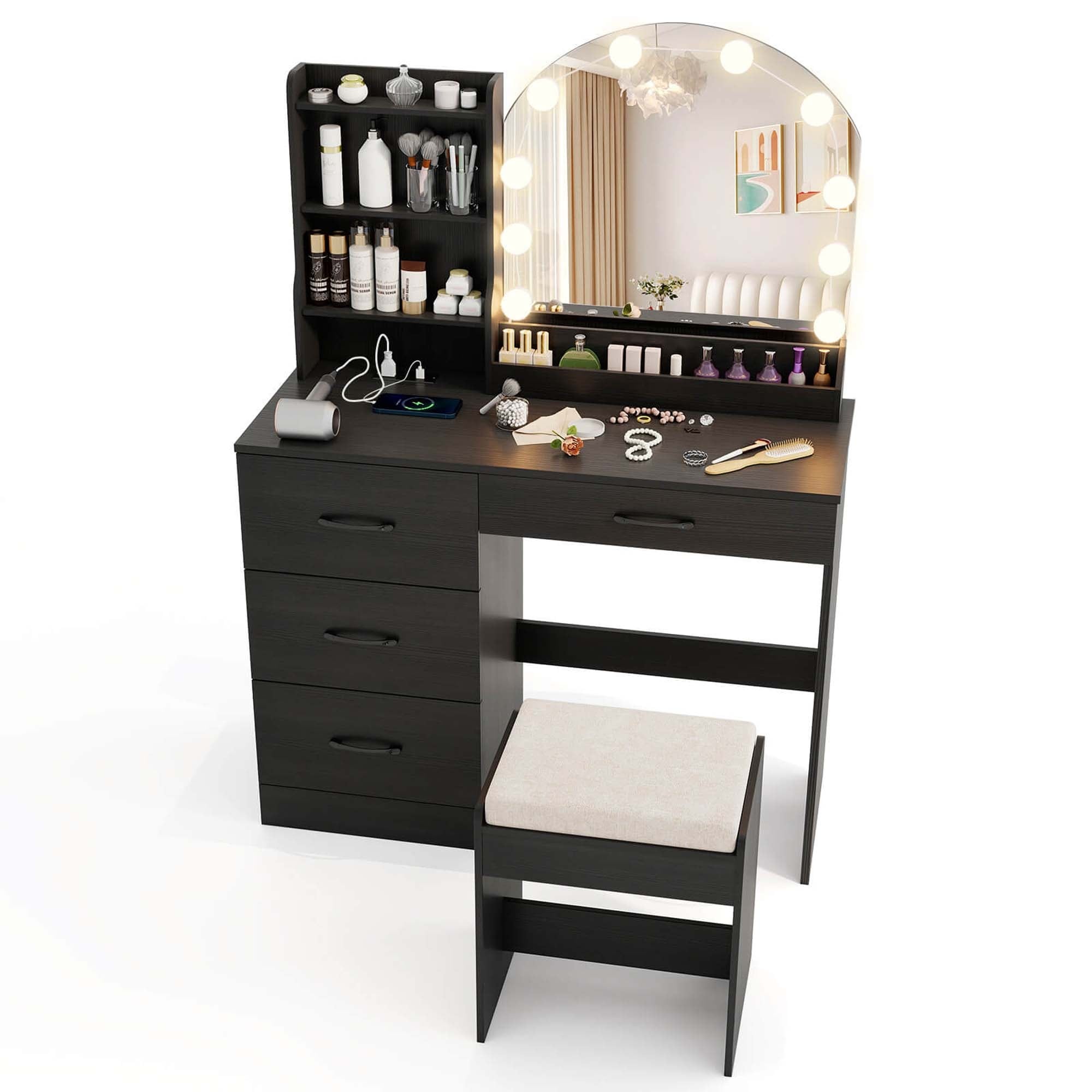 Costway Vanity Set with Mirror and Lights Dressing Table and Chair 4 - See Details