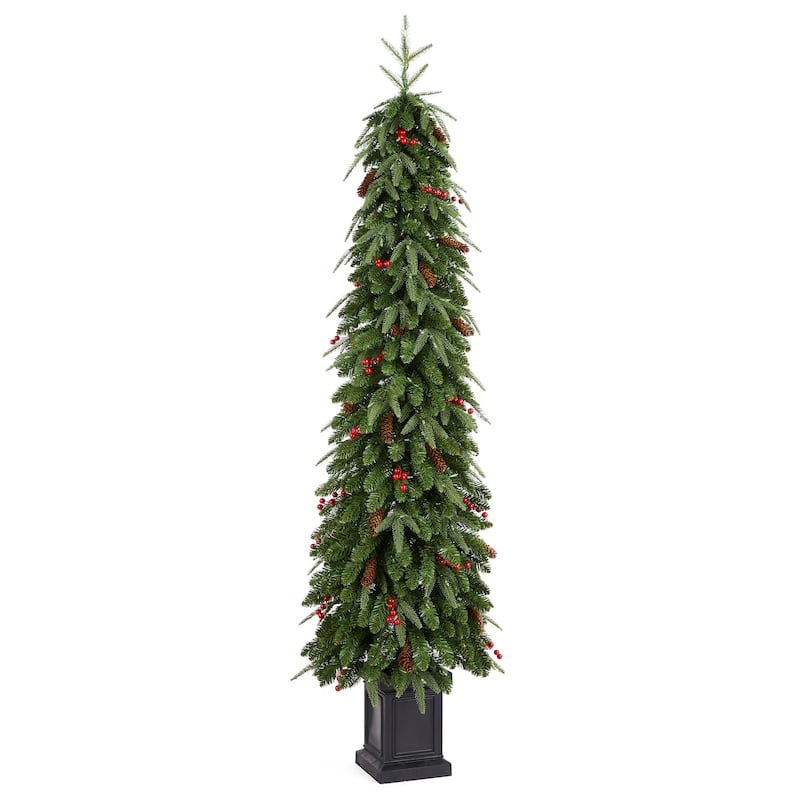 Glitzhome 4ft/6ft/7ft Pre-lit Green Artificial Christmas Porch Tree with Red Berries,Pinecones and 100 Warm White Lights