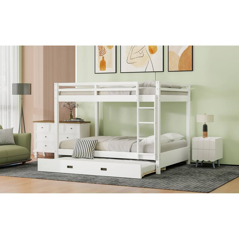 Queen Size Pinewood Bunk Bed with Ladder, Guard Rails and Twin XL Trundle