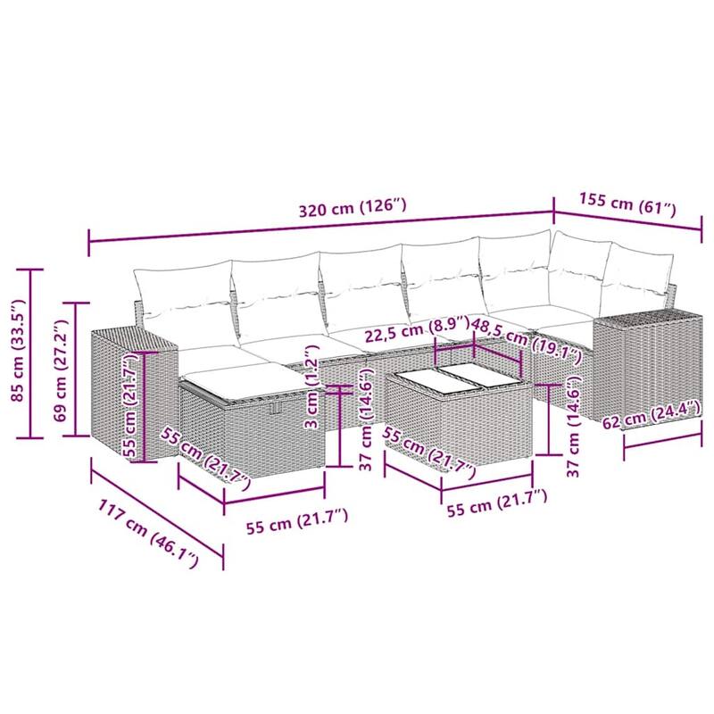 vidaXL 7 Piece Patio Sofa Set with Cushions Black Poly Rattan - 21.7 x 24.4 x 27.2