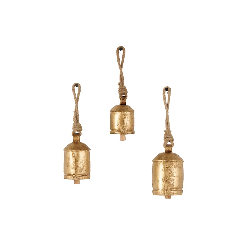 Metal Cluster Indoor Outdoor Decorative Cow Bells with Jute Hanging Rope - Set of 3 Black or Gold - Roche River Decor