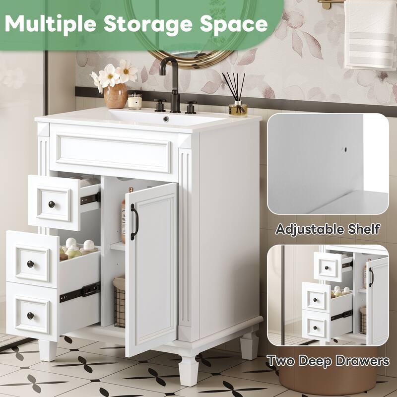 GDF Studio - Monteria Modern Solid Wood Bathroom Vanity with Ceramic Sink, 2 Drawers and Adjustable Shelf - 24'W