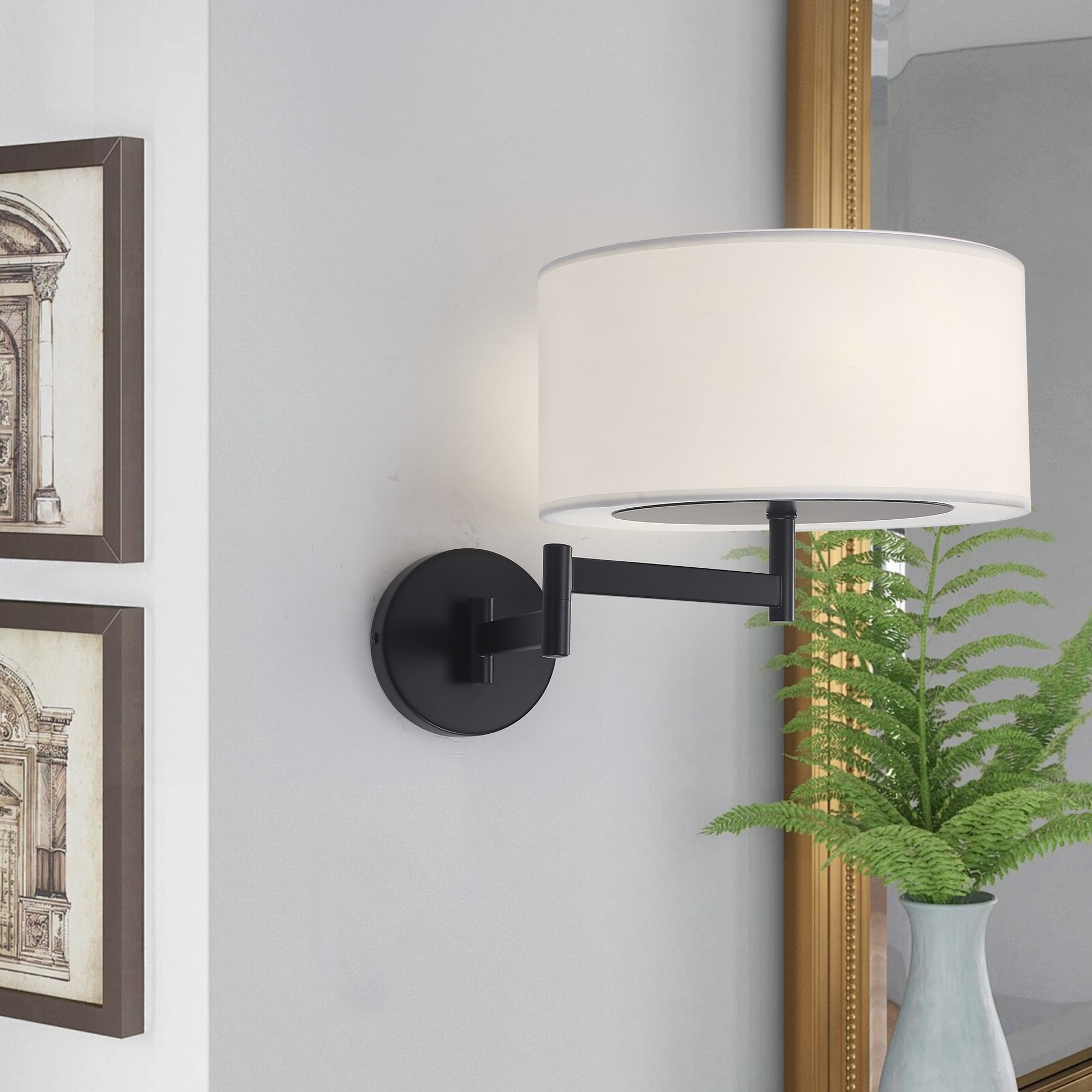 1 - Light Cylindrical Wall Sconce with Fabric Shade - Matte Black
