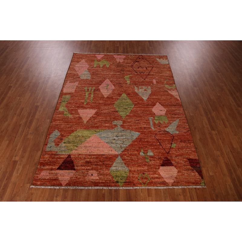 Orange Tribal Moroccan Oriental Rug Hand-Knotted Tribal Wool Carpet - 7'0" x 9'7"