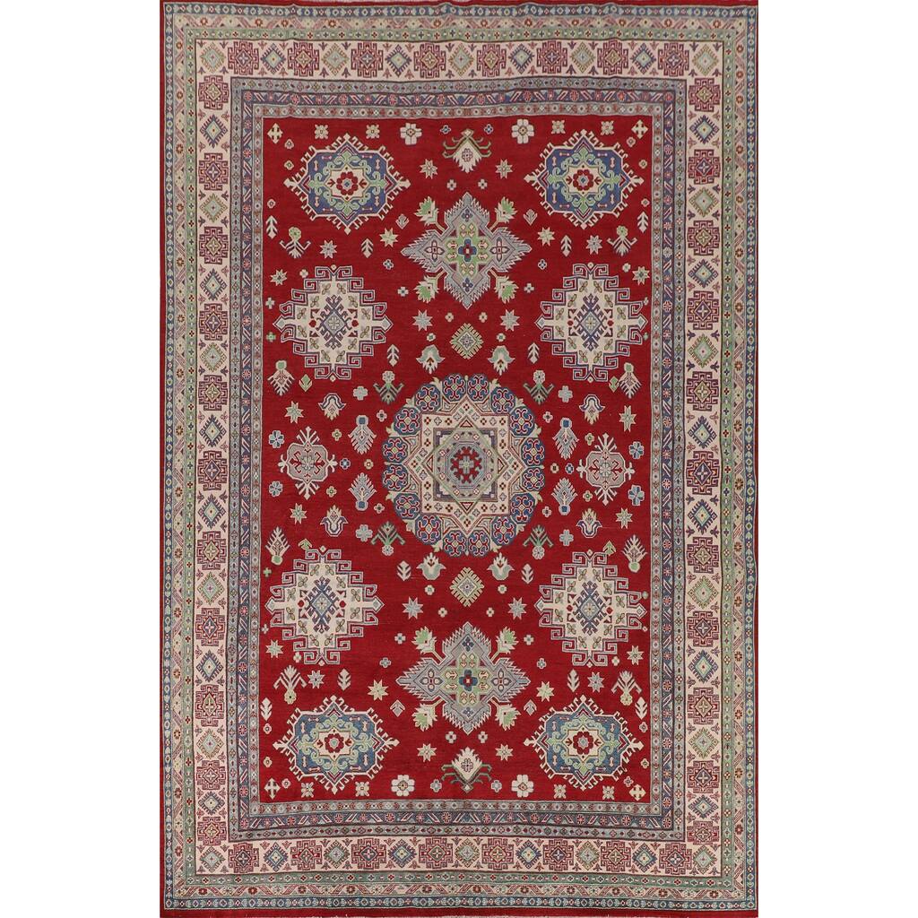Geometric Red Large Kazak Oriental Area Rug Hand-Knotted Wool Carpet - 10'0" x 13'9"