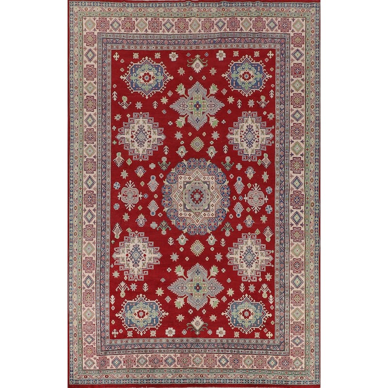 Geometric Red Large Kazak Oriental Area Rug Hand-Knotted Wool Carpet - 10'0" x 13'9"
