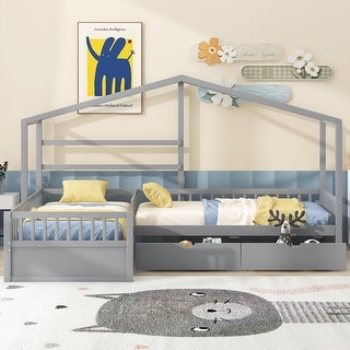 Twin Size House Bed Wood L-Shaped Platform Bed with Three Storage Drawers and Guardrail