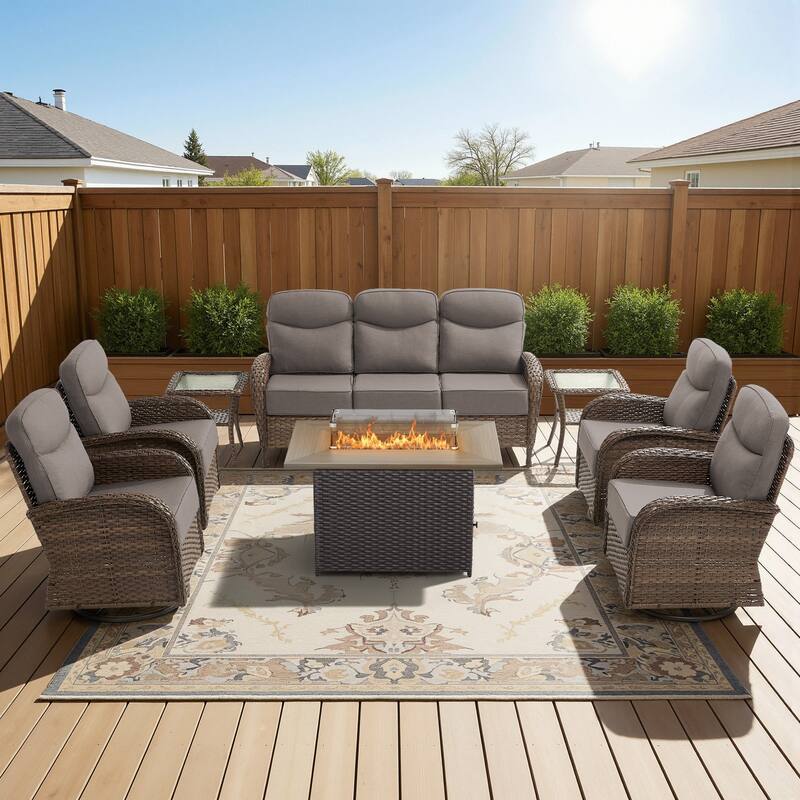 Meyreso 8-Piece Wicker Outdoor Patio Fire Pit Sofa Set with 6-Inch Thick Cushions - Brown Wicker - Gray Cushions