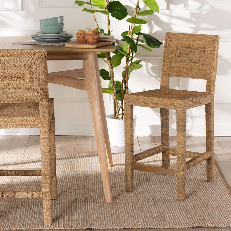 Anfield Modern Bohemian Natural Seagrass and Mahogany Wood Counter Stool