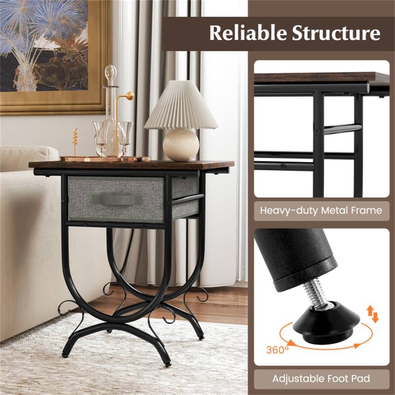 Black and Gray Side Table with Foldable Fabric Drawer Metal and Engineered Wood Storage End Table - 19" x 14" x 21"