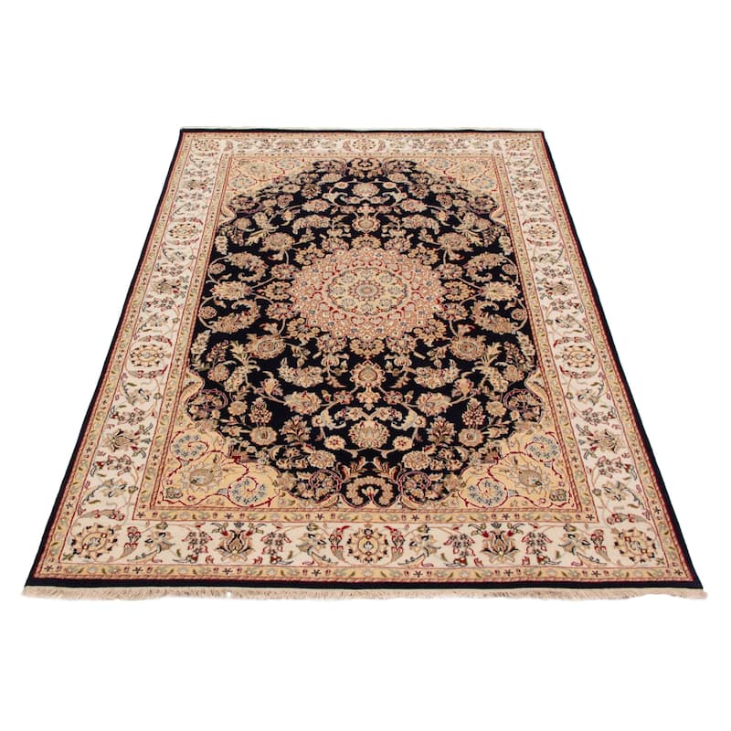 ECARPETGALLERY Hand-knotted Nain Dark Navy Silk, Wool Rug - 6'0 x 9'0