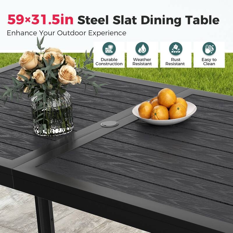 6-Person Patio Dining Set, Stackable Chairs and Rectangular Steel Table with Umbrella Hole