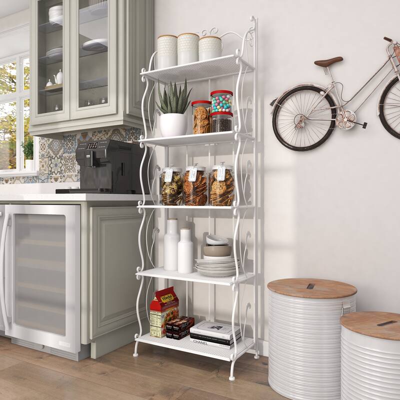 Metal Indoor Outdoor Tall Folding 5 Shelves Scroll Bakers Rack
