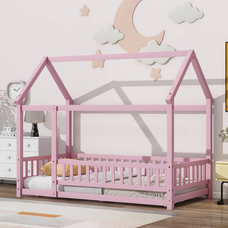 Twin Size Wooden Floor Bed with House Roof Frame, Fence Guardrails for Kids, Bedroom