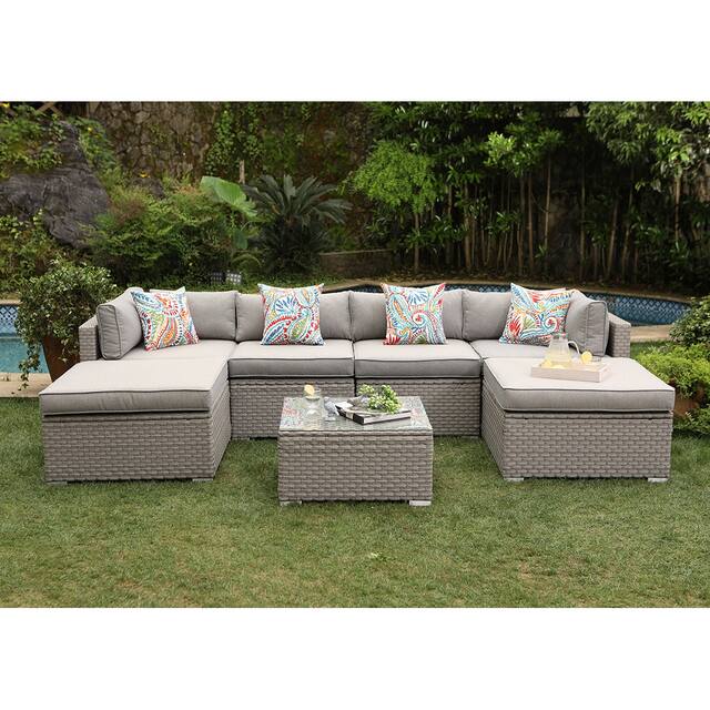 COSIEST 7-Piece Outdoor Patio Wicker Sectional Sofa with Coffee Table - GreyWicker+GreyCushion