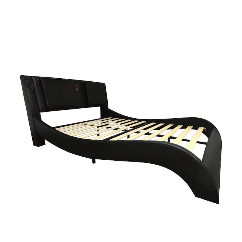 Black Queen Faux Leather LED Bed with Bluetooth Control, Vibration Massage, and USB Ports