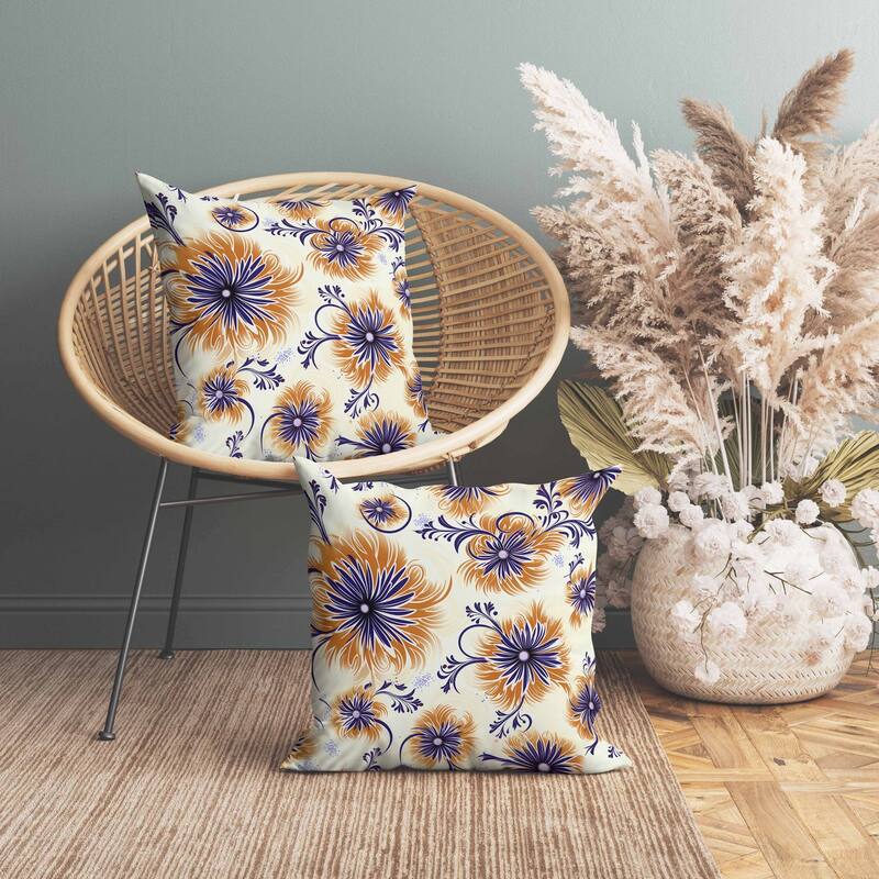 Breezy Flowers Indoor/Outdoor Reversible Throw Pillow Orange and Blue