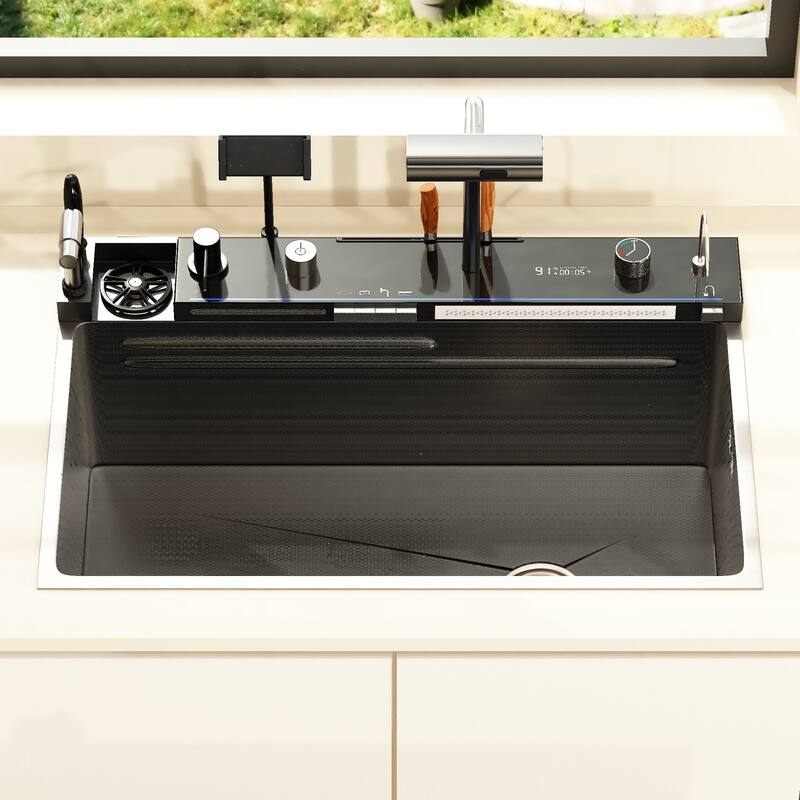 29.4 Inch Smart Kitchen Sink Workstation with LED Display, Multi-Function Faucet, Cutting Board & Drain Control