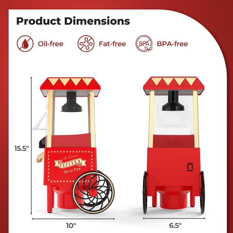 Costway Retro Hot Air Popcorn Maker 1200W, Oil-Free & Fat-Free, Makes - See Details
