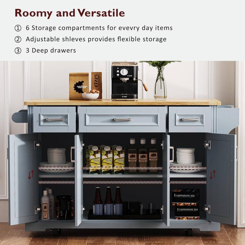 54" Rolling Kitchen Island Cart with Rubberwood Drop Leaf, 4 Doors & 3 Drawers