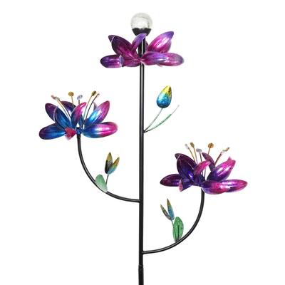 Exhart Triple Kinetic Flower Wind Spinner Garden Stake with Solar Color Changing Crackle Glass Ball, 21 by 70 Inches
