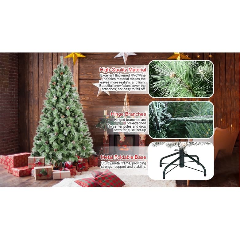 7FT Christmas Tree with 82 Pine Cones-1348 Tips,Mixed PVC & Hard Needle Branches,Hinged Structure for Easy Setup