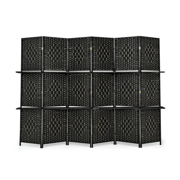 6 Panel Folding Weave Fiber Multipurpose Room Divider with 2 Display Shelves - 95" x 71" (L x H)