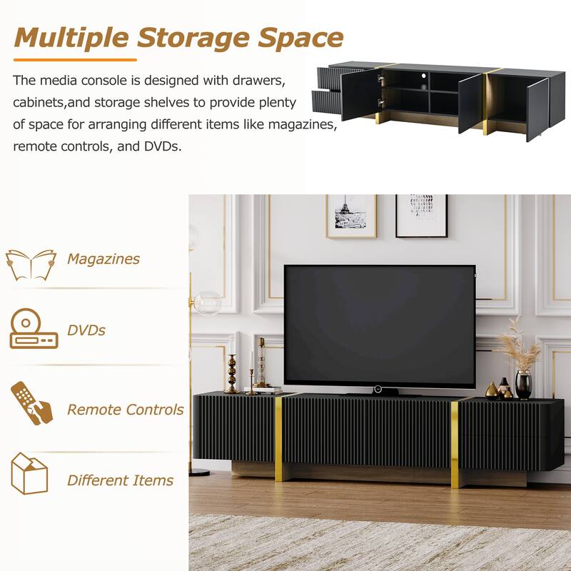 Elegant Fluted TV Stand for TVs up to 80", Modern Entertainment Center with Cabinets, Drawers & Golden Accents