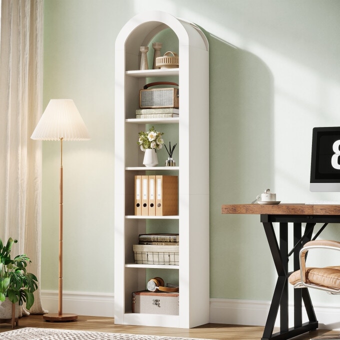 6-Tier Wooden Tall Bookshelf, 74.8 Inches Rustic Arched Bookcase