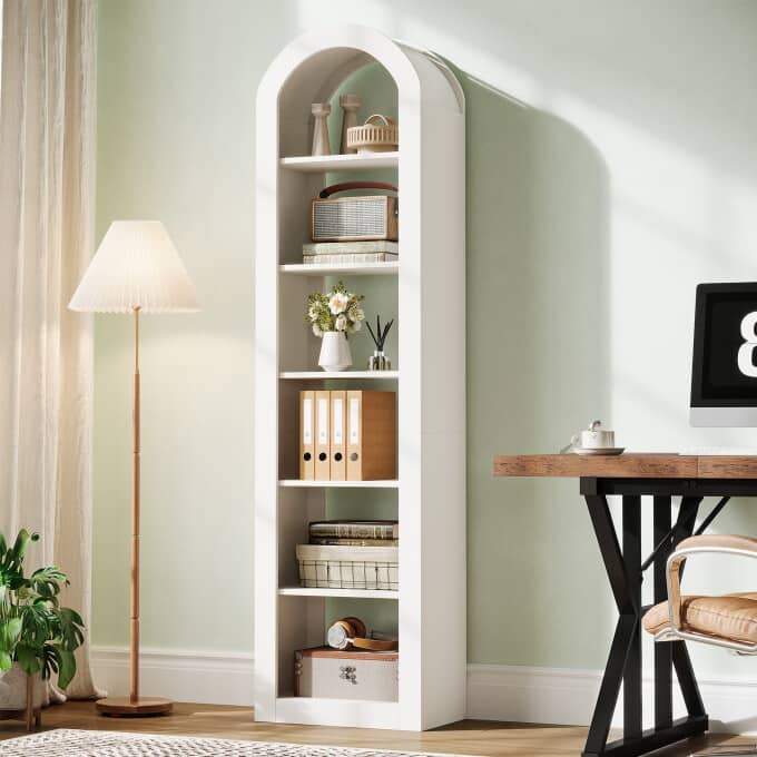 6-Tier Wooden Tall Bookshelf, 74.8 Inches Rustic Arched Bookcase - 1PC - White