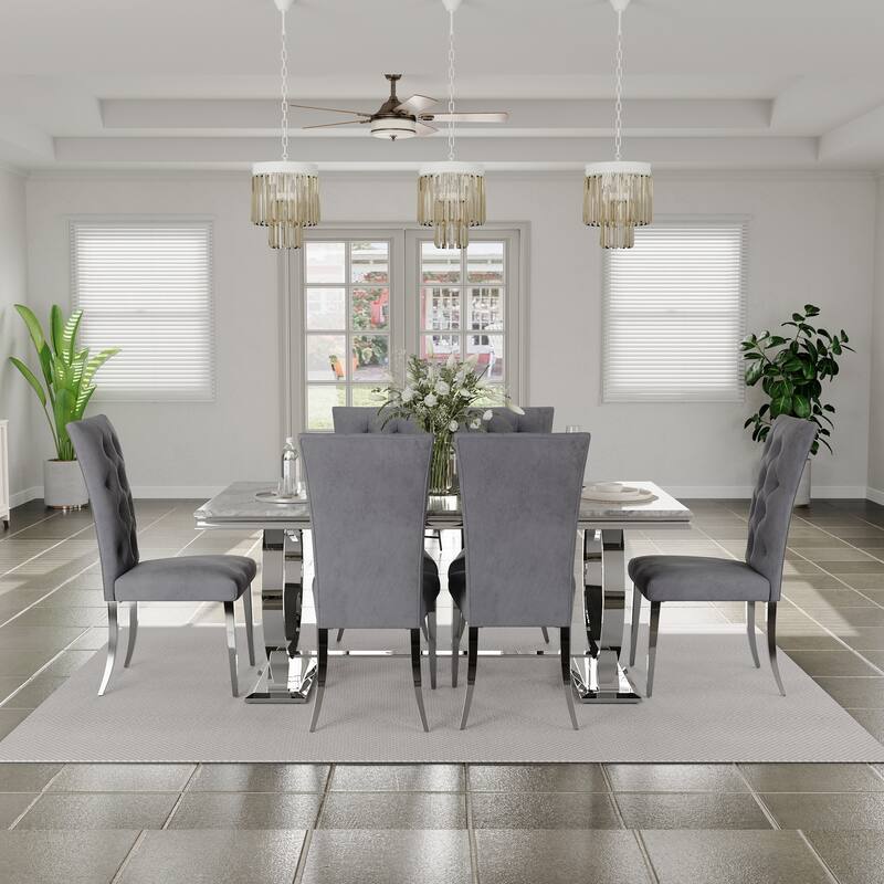 Glam Silver Dining Table Set with 64 inch Dining Table and Black Button Tufted Velvet Dining Chairs