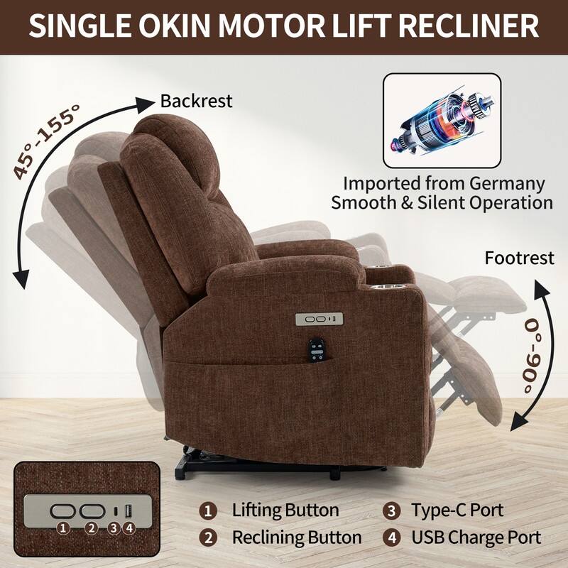 Heavy Duty Chenille Power Lift Recliner for Elderly with Massage, Heating, USB Ports and Cup Holders