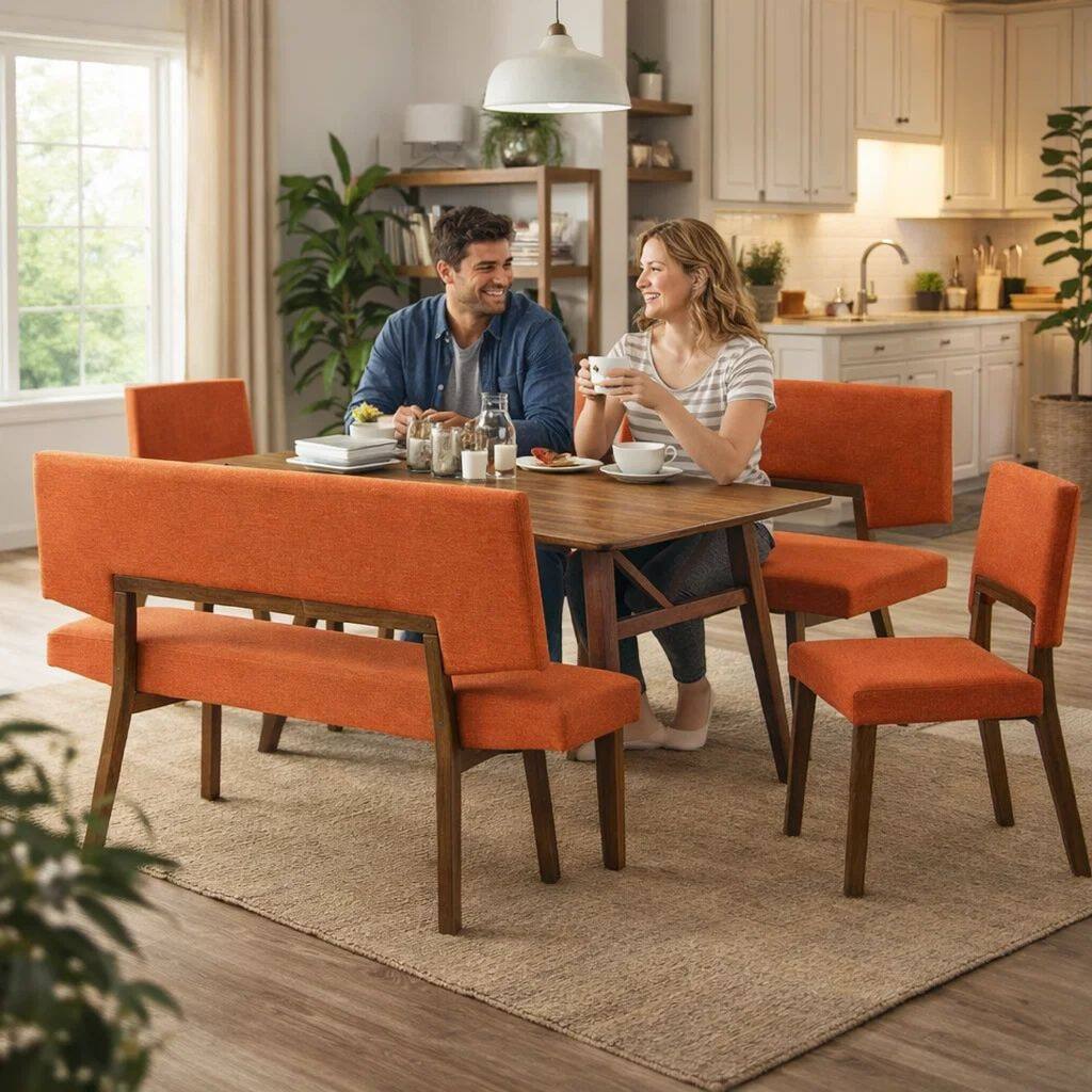 Yumi 5 Piece Dining Table Set, Chairs, Benches, Orange Fabric, Wood Brown