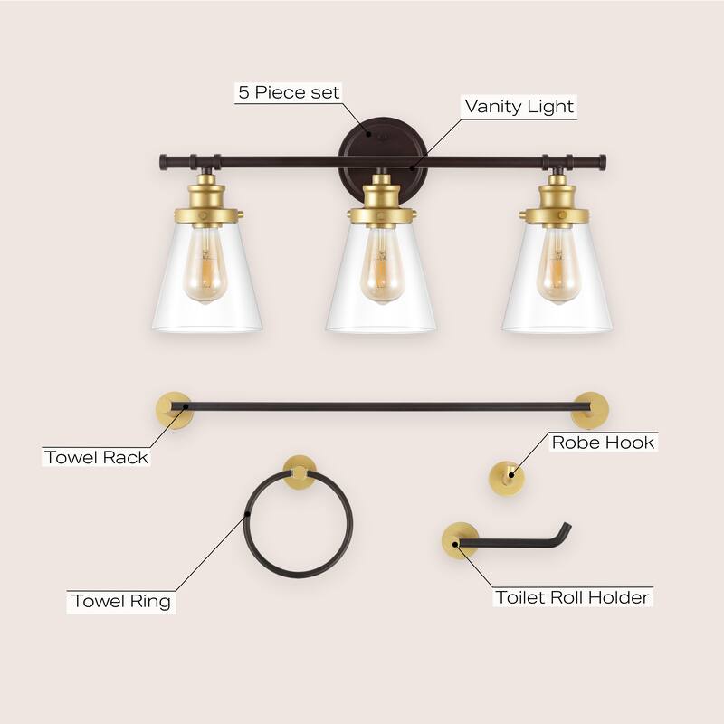 Arlo 23.75" 3-Light Traditional Farmhouse Vanity Light with Bathroom Hardware Accessory Set, (5-Piece) by JONATHAN Y