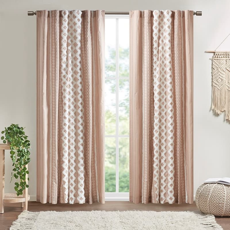 Cotton Printed Curtain Panel with Chenille Stripe and Lining - Pink - 50*84