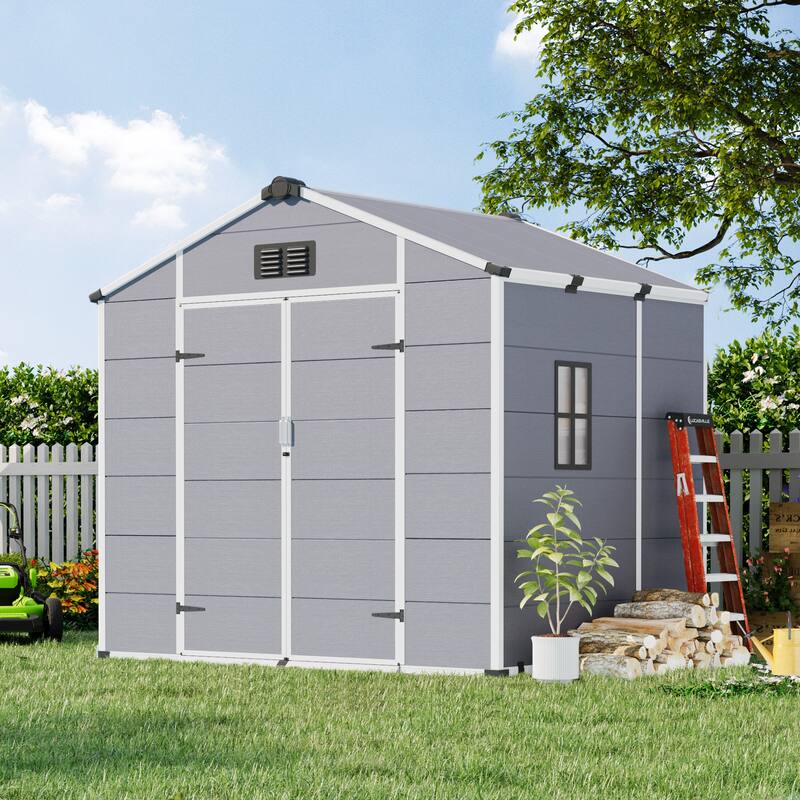 EROMMY Outdoor Storage Shed with Built-In Floor, Lockable Double Doors & Sloped Roof, Gray/Black
