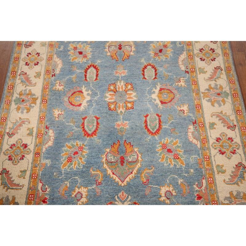 Light Blue Kazak Area Rug Handmade Oriental Wool Carpet - 4'0" x 5'11"