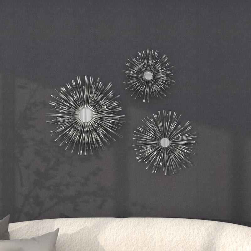Metal 3D Looped Sunburst Wall Decor with Mirrored Center (Set of 3) - Silver or Gold